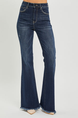 RISEN High Waist Raw Hem Flare Jeans Trendsi