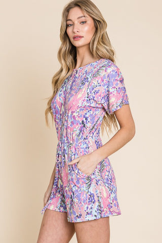 BOMBOM Print Short Sleeve Romper with Pockets Trendsi