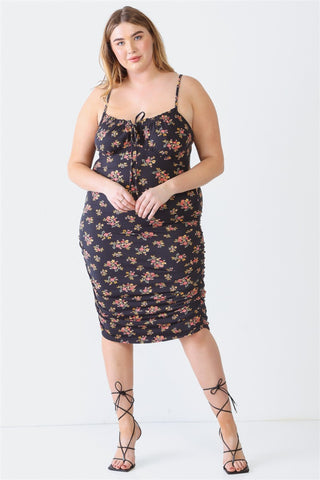 Blue Leopard Plus Size Ruched Floral Square Neck Cami Dress Trendsi