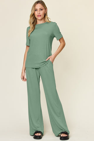 Double Take Full Size Round Neck Short Sleeve T-Shirt and Wide Leg Pants Set Trendsi