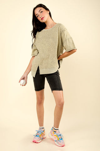 VERY J Round Neck Exposed Seam Slit T-Shirt Trendsi