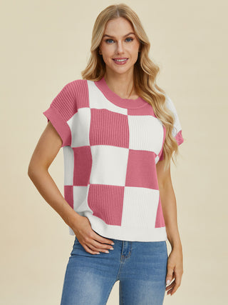 Double Take Full Size Checkered Round Neck Short Sleeve Sweater Trendsi