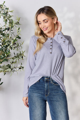 Heimish Full Size Texture Half Button Long Sleeve Top Trendsi