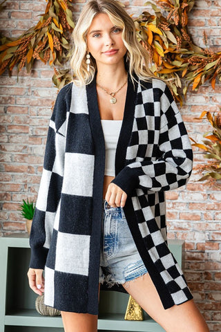 First Love Checkered Open Front Long Sleeve Cardigan Trendsi