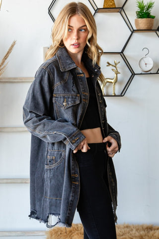 Veveret Button Up Distressed Frayed Hem Denim Jacket Trendsi