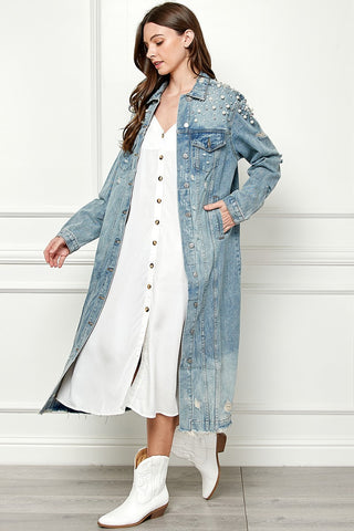 Veveret Full Size Distressed Raw Hem Pearl Detail Button Up Jacket Trendsi