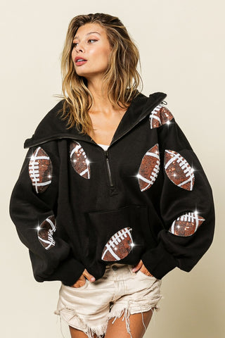 BiBi Sequin Football Half Zip Hoodie Trendsi