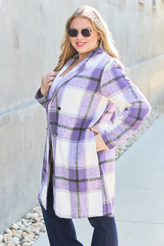 Double Take Full Size Plaid Button Up Lapel Collar Coat Trendsi