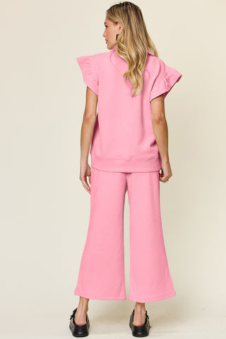 Double Take Texture Ruffle Short Sleeve Top and Drawstring Wide Leg Pants Set Trendsi