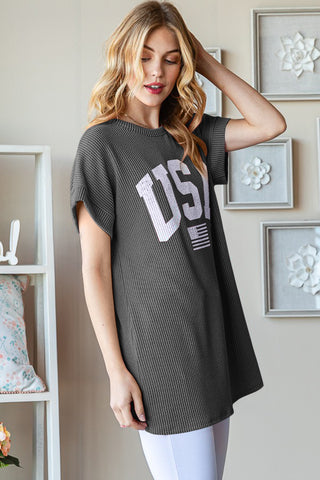 Heimish Full Size USA Graphic Short Sleeve Ribbed Top Trendsi