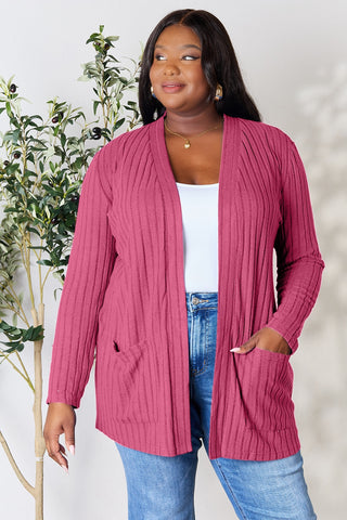 Basic Bae Full Size Ribbed Open Front Cardigan with Pockets Trendsi