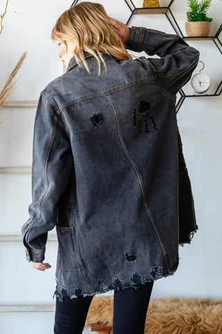 Veveret Button Up Distressed Frayed Hem Denim Jacket Trendsi