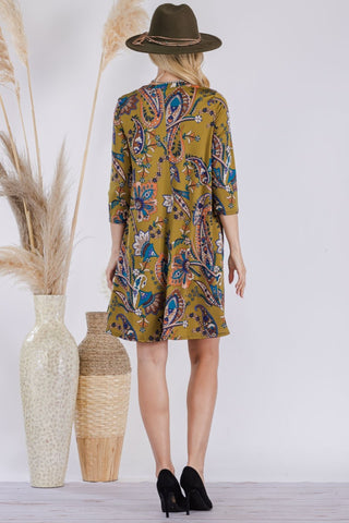 Celeste Full Size Paisley Print Round Neck Dress with Pockets Trendsi