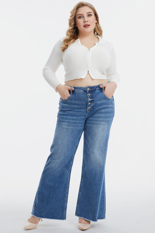 BAYEAS Full Size High Waist Button-Fly Raw Hem Wide Leg Jeans Trendsi