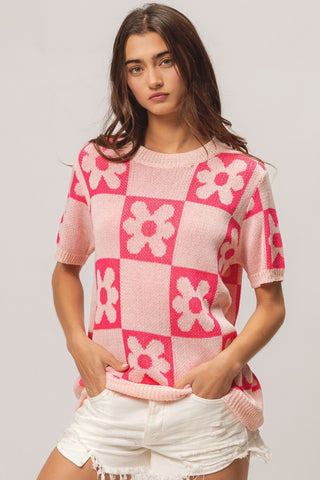 BiBi Flower Checker Pattern Short Sleeve Sweater Trendsi