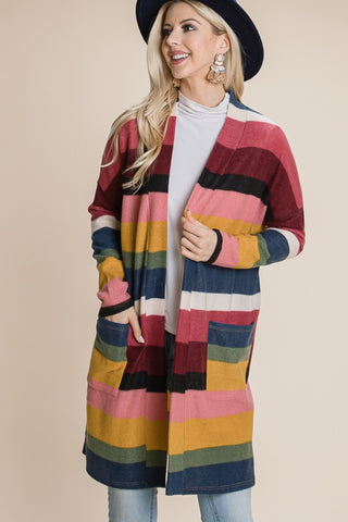 BOMBOM Color Block Striped Open Front Cardigan Trendsi