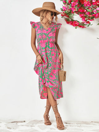 Printed V-Neck Cap Sleeve Dress Trendsi