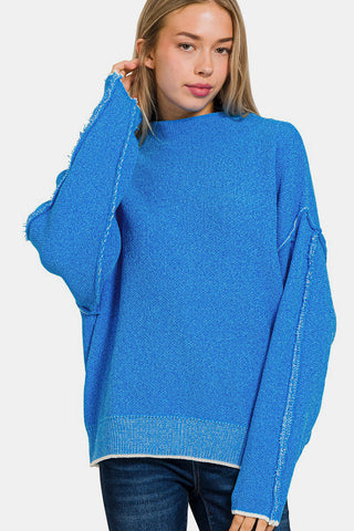 Zenana Exposed Seam Mock Neck Long Sleeve Sweater Trendsi