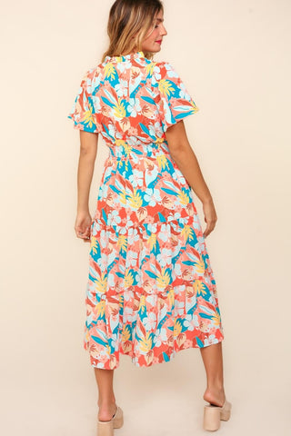 Haptics Full Size Tropical Floral Tiered Dress with Side Pockets Trendsi