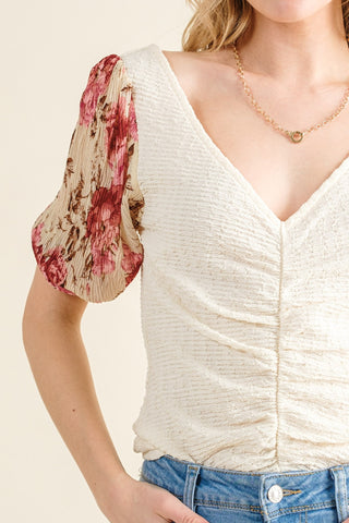 And The Why Full Size Floral Print Textured Sleeve Knit Top Trendsi