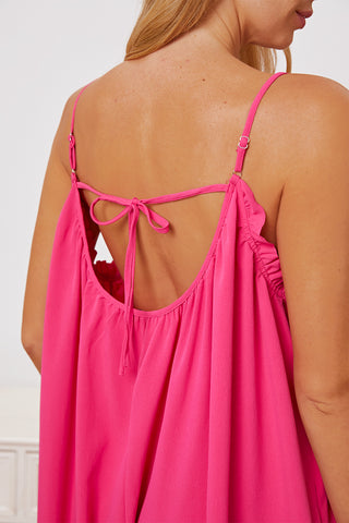 Double Take Full Size Ruffle Trim Tie Back Cami Jumpsuit with Pockets Trendsi