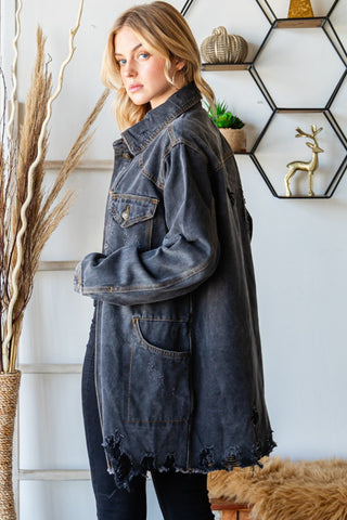 Veveret Button Up Distressed Frayed Hem Denim Jacket Trendsi