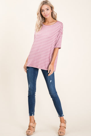 BOMBOM Striped Round Neck Half Sleeve T-Shirt Trendsi