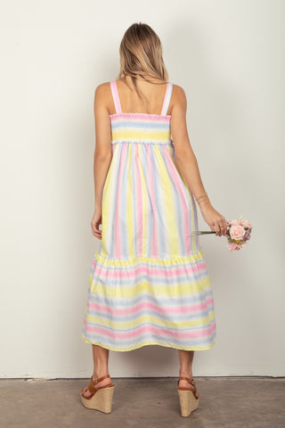 VERY J Striped Woven Smocked Midi Cami Dress Trendsi