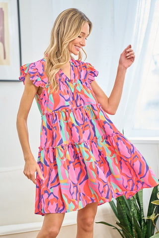 First Love Full Size Printed Ruffle Cap Sleeve Tiered Dress Trendsi