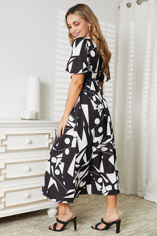 Printed Surplice Balloon Sleeve Dress Trendsi