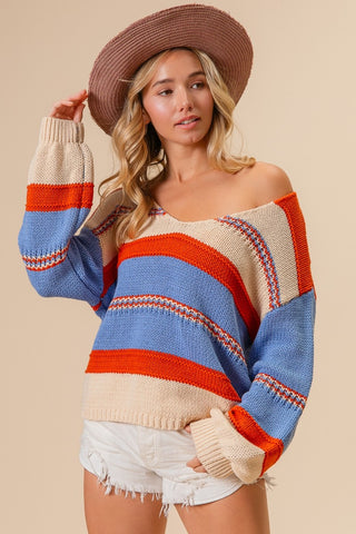 BiBi Multi Color Stripe Scoop Neck Sweater Trendsi