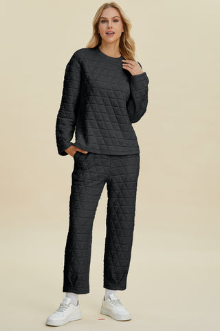 Double Take Full Size Texture Round Neck Long Sleeve Top and Pants Set Trendsi