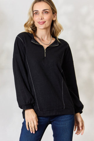 BiBi Half Zip Brushed Terry Long Sleeve Top Trendsi