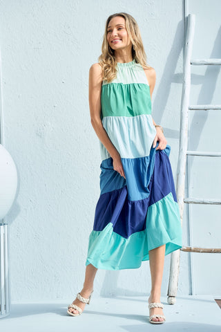 Hailey & Co Color Block Sleeveless Tiered Maxi Dress Trendsi