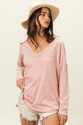 BiBi Exposed Seam V-Neck Long Sleeve T-Shirt Trendsi