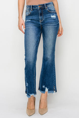 RISEN High Waist Raw Hem Flare Jeans Trendsi