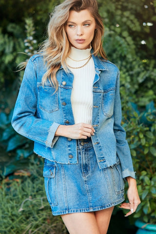 Veveret Button Up Raw Hem Denim Jacket Trendsi