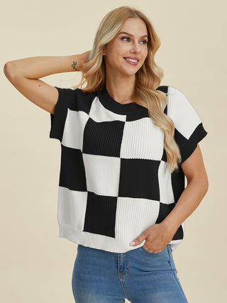 Double Take Full Size Checkered Round Neck Short Sleeve Sweater Trendsi