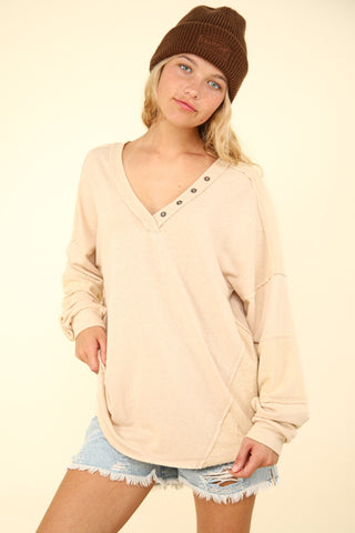 VERY J Washed V-Neck Exposed Seam Knit Top Trendsi