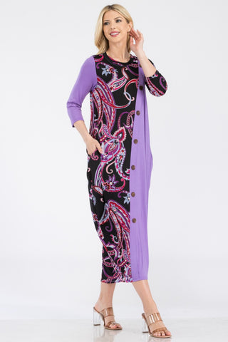 Celeste Full Size Paisley Contrast Midi Dress with Pockets Trendsi