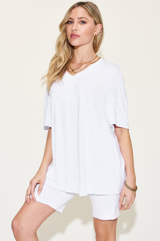 Basic Bae Full Size V-Neck Drop Shoulder T-Shirt and Shorts Set Trendsi