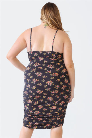 Blue Leopard Plus Size Ruched Floral Square Neck Cami Dress Trendsi