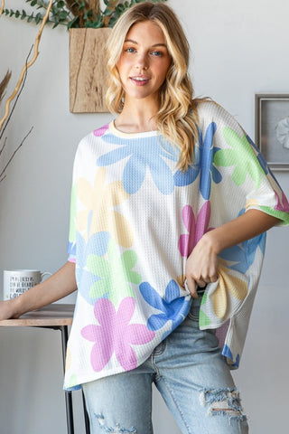 HOPELY Floral Round Neck Waffle T-Shirt Trendsi