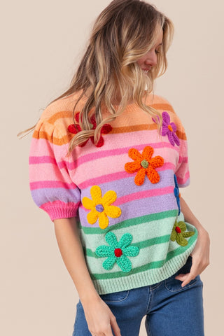 BiBi Flower Patch Puff Sleeve Striped Sweater Trendsi