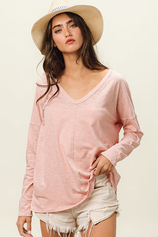 BiBi Exposed Seam V-Neck Long Sleeve T-Shirt Trendsi