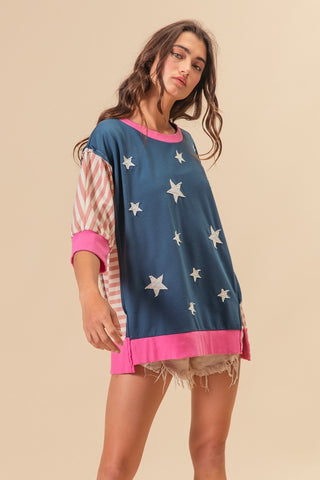 BiBi US Flag Theme Color Block Star Patch T-Shirt Trendsi