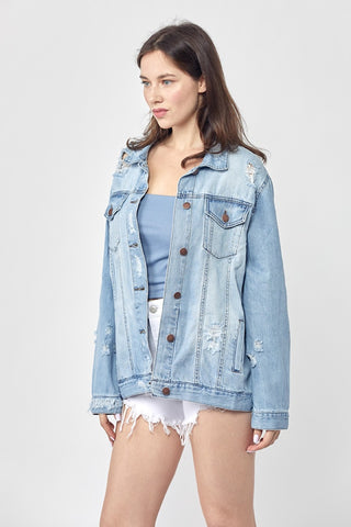 RISEN Full Size Distressed Long Sleeve Denim Jacket Trendsi