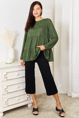 Heimish Full Size Long Puff Sleeve Polka Tiered Top Trendsi