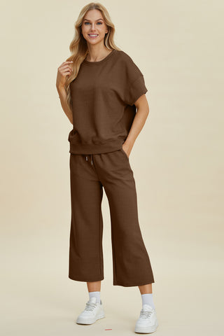 Double Take Full Size Texture Round Neck Top and Pants Set Trendsi