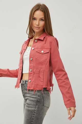 RISEN Raw Hem Button Up Cropped Denim Jacket Trendsi